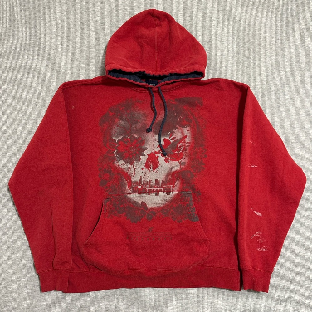 2000s Billabong Skull Floral Cityscape Graphic Pullover Hoodie Red Mens Large